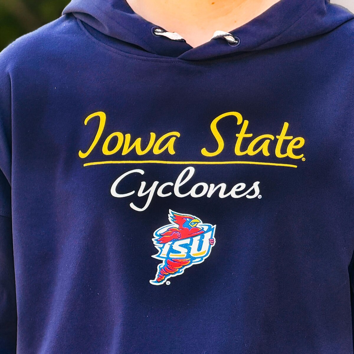 Champion Women's Iowa State University Spirit Collection Navy Soft Touch Hooded Sweatshirt design close up